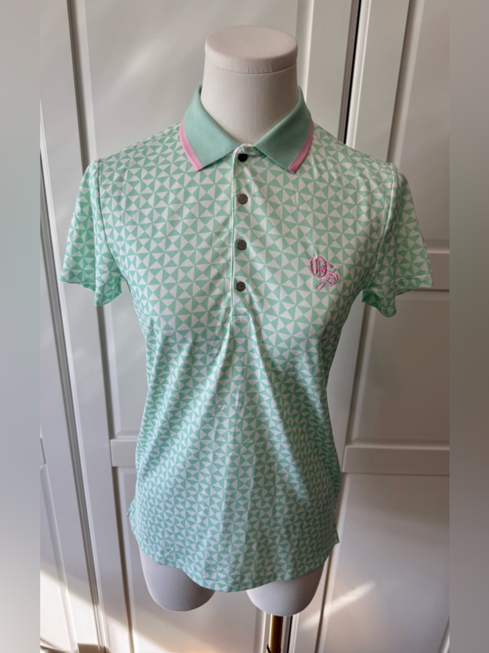 RLX Ralph Lauren Women’s‎ Golf Mint Geometric Polo with Pink Collar Trim Size:XS